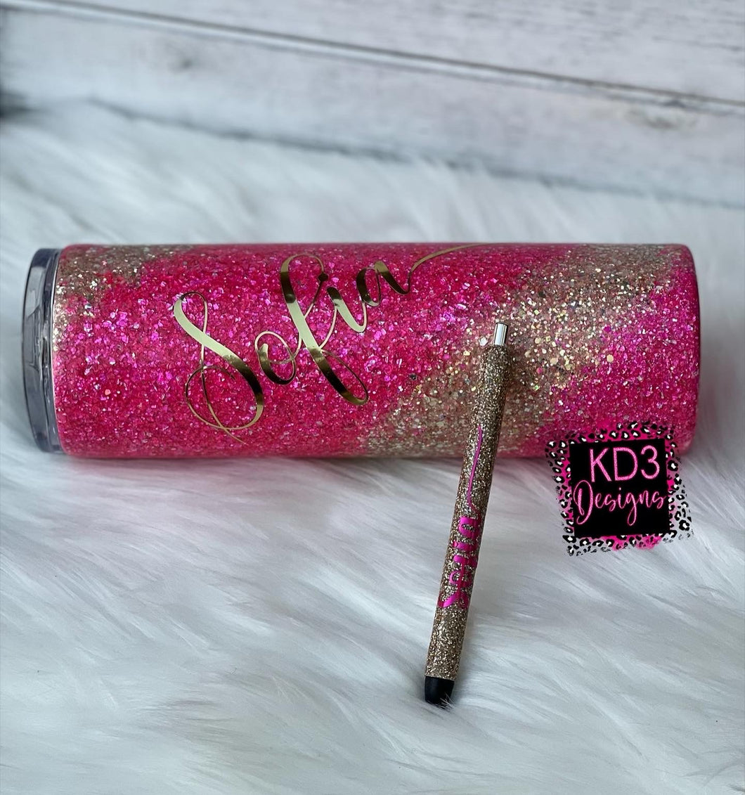 Pink & Gold swirl Glitter Tumbler & Pen set