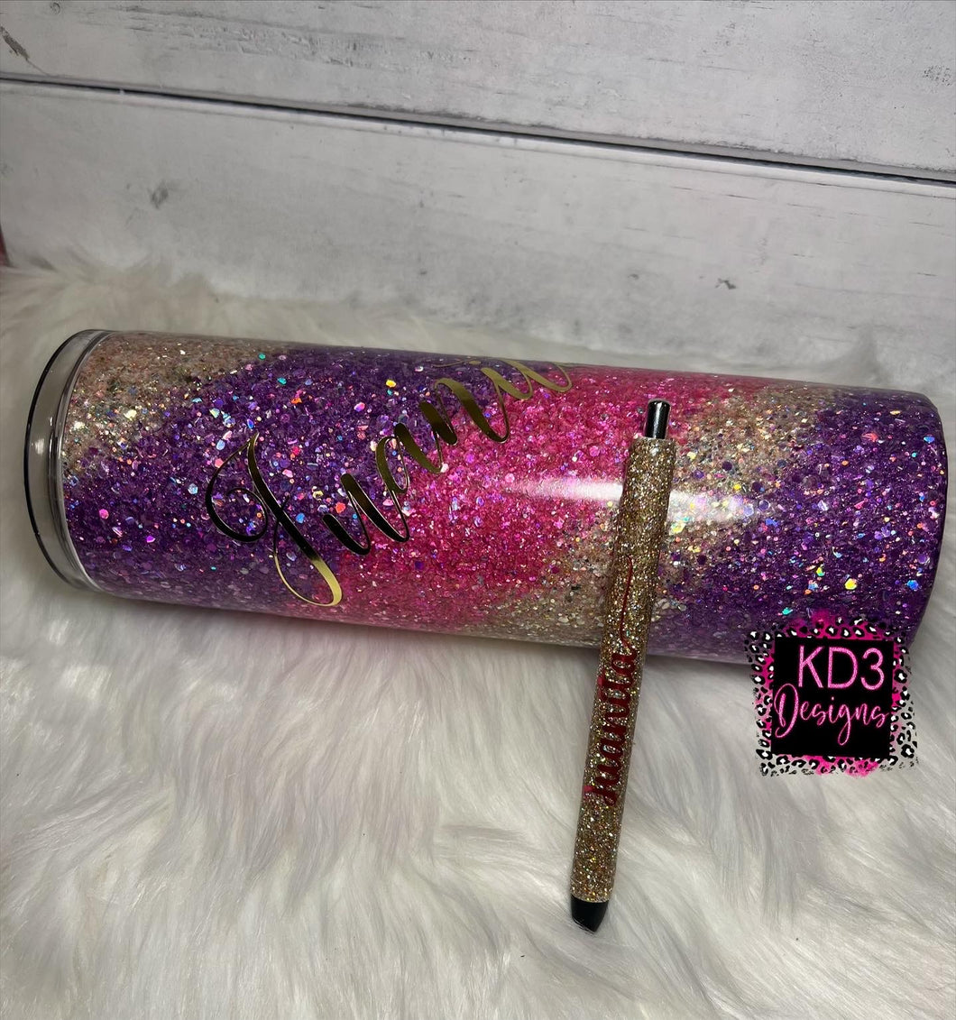 Pink & Purple swirl Glitter Tumbler & Pen set