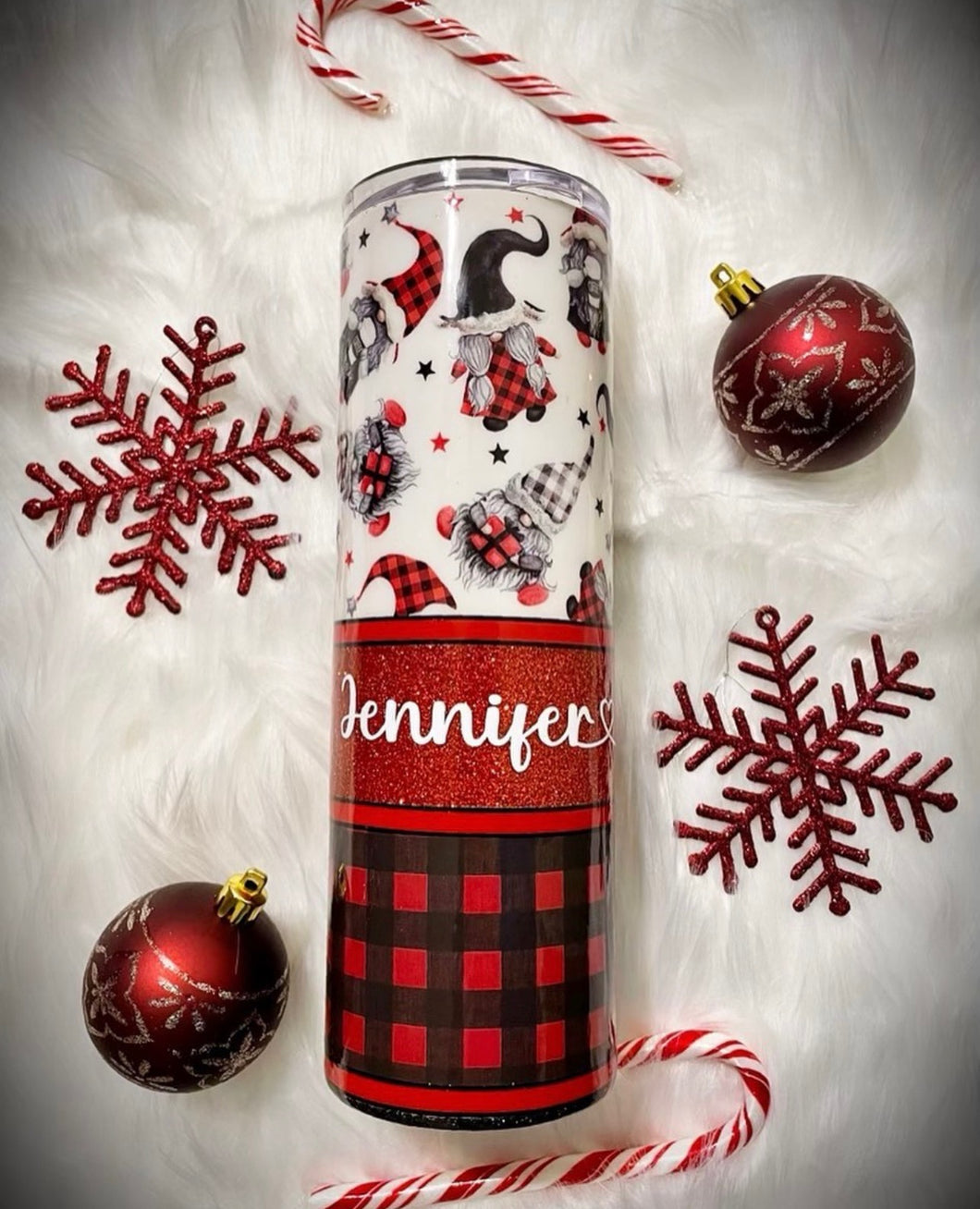 Gnome Plaid Glitter Tumbler