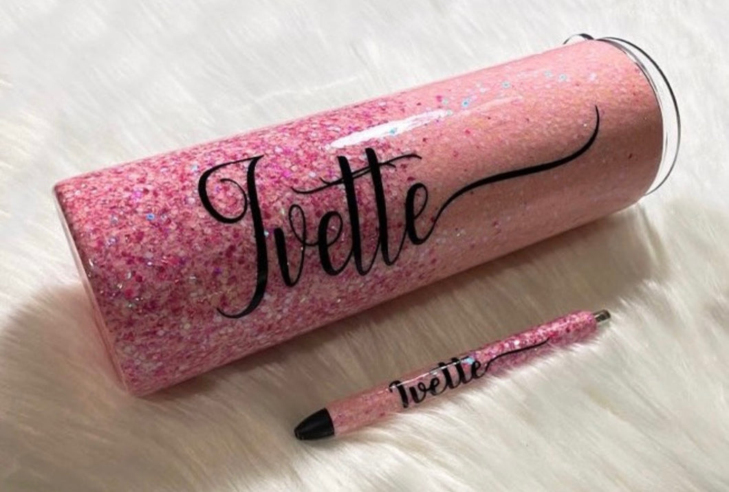 Customized Pink Glitter Tumbler & Pen